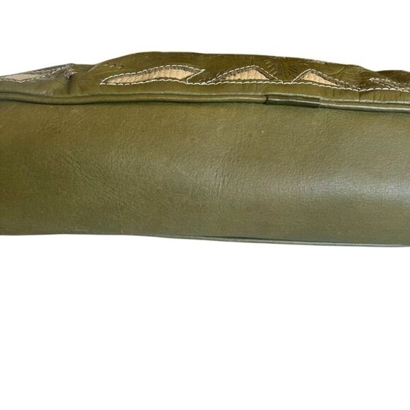 T. Saldivar Hand-Tooled Leather Shoulder Bag In Olive Green Beige Mexican Boho - Picture 3 of 7